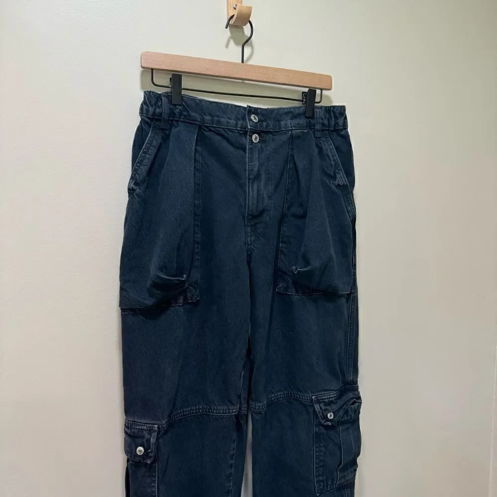 Free People We The Free Marx Slouchy Streetwear Cargo Denim Jeans in Blue sz 28